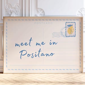 Impression carte postale Meet Me In Positano, art mural Italie tendance, affiche de voyage dans le dortoir, esthétique appartement preppy College, téléchargement numérique
