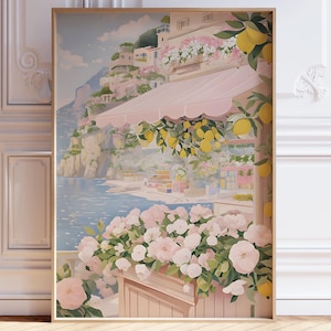 Arte de pared del mercado de flores de primavera de la costa de Amalfi, arte de pared italiano en rosa pastel, decoración de dormitorio, arte de pared rosa claro, decoración de apartamento, póster digital