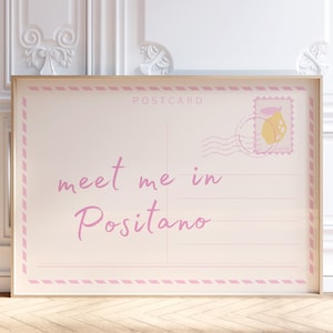 Impression carte postale Meet Me In Positano, art mural tendance Italie rose, affiche de voyage dans le dortoir, esthétique appartement preppy college, impression numérique