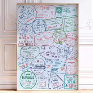 Pass Pass Briefmarken Drucken, Weltstädte Reiseplakat, Blaue Retro trendige Wandkunst, Wohnheim Zimmer Dekor, College Wohnung Ästhetik, Digitaldruck