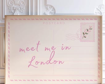 Impression carte postale Meet Me In London, art mural tendance, décoration de dortoir, affiche de voyage rose clair, esthétique appartement preppy College, numérique