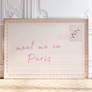 Impressão de cartão postal "Meet Me In Paris", arte de parede da França na moda, pôster de viagem de verão para dormitório, estética de apartamento universitário elegante, impressão digital