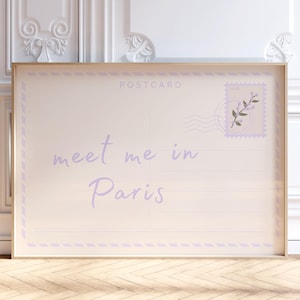Impressão de cartão postal "Meet Me In Paris", arte de parede da França na moda, pôster de viagem de verão para dormitório, estética de apartamento universitário elegante, impressão digital