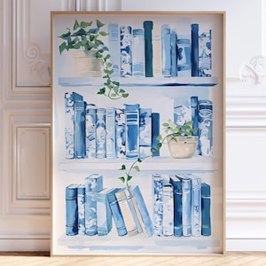 Chinoiserie Bookshelf Wall Art, Book Stack Painting, Chinoiserie Wall Art, Reading Nook Wall Art, Bookworm Printable, Digital Download