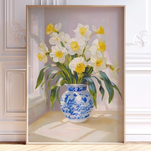 Arte mural con narcisos estilo chinoiserie, estampado floral estilo chinoiserie primaveral, póster con jarrón de narcisos amarillos, decoración de granja moderna, descarga digital de arte