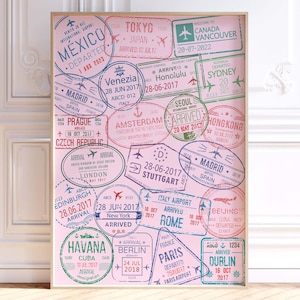 Pass Pass Briefmarken Drucken, Weltstädte Reiseplakat, Rosa Retro trendige Wandkunst, Wohnheim Zimmer Dekor, College Wohnung Ästhetik, Digitaldruck