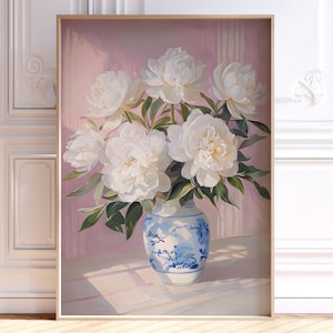 Arte mural de peonías chinoiserie, estampado floral chinoiserie primaveral, póster de jarrón de peonías blancas, decoración rústica moderna imprimible, descarga digital