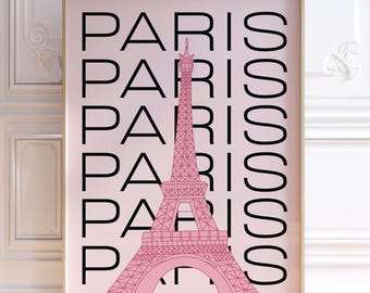 Paris France Travel Poster, Trendy Pink Eiffel Tower Print, Preppy Girly Light Pink Wall Art, Dorm Room Decor, Typography Printable, Digital