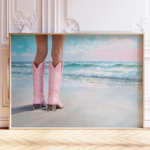 Coastal Cowgirl Wall Art Print, Ocean Wall Art, Pastel Pink Wall Art, Beachy Room Decor, Trendy Girly Poster Printable, Digital Download Art