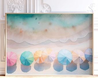 Colorful Beach Umbrella Wall Art Print, Pastel Coastal Wall Art, Summer Beach House Decor Poster, Trendy Beachy Wall Art, Digital Download