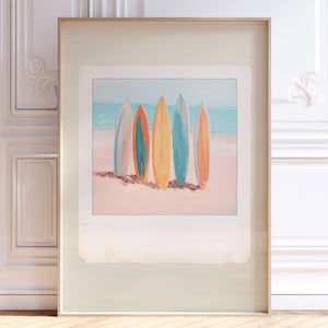 Retro Surfbrett Druck, Küsten Wandkunst, Beachy Polaroid Poster, Sommer Ozean Printable, Girly Pastell Strand Haus Dekor, Digital