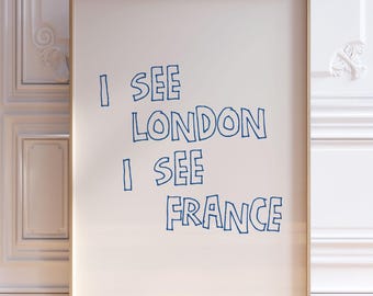 Lustiger Badezimmer-Druck, ich sehe London, ich sehe Frankreich druckbares Poster, niedliches schrulliges Badezimmer-Wandkunst, dunkelblaues minimalistisches Dekor, Digitaldruck