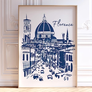Póster de viaje de Florencia, Italia, estampado retro azul marino de Florencia, arte mural de monumentos de moda, paisaje urbano dibujado a mano, decoración para dormitorio universitario, digital