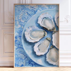 Oyster Shell Wall Art Print, Light Blue Chinoiserie Oyster Poster, Abstract Beach House Decor, Coastal Kitchen Printable, Digital Download