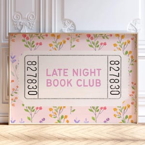 Póster del club de lectura nocturno, impresión de entradas de libros de moda, decoración rosa para rincón de lectura, imprimible para dormitorio femenino, regalo para amantes de los libros, digital