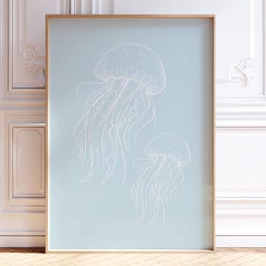 Jellyfish Print, Light Blue Coastal Wall Art, Summer Beach House Decor, Minimalist Beach Print, Beachy Poster, Fisherman Aesthetic, Digital