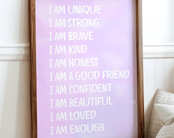 Kids Affirmation Wall Art Printable: Purple Positive Daily Affirmations Poster (Instant Digital Download)
