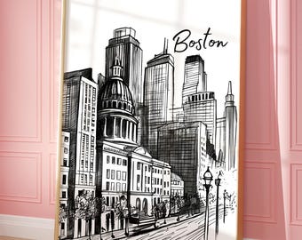 May include: Black and white sketch of the Boston skyline, featuring iconic buildings and a prominent domed structure. The word "Boston" is written in cursive at the top. The artwork is framed in a gold-colored frame.