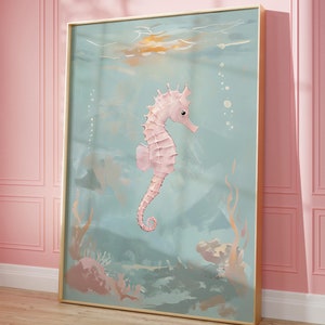 Seahorse Art Print, Pastel Coastal Wall Art, Beachy Room Decor, Beachy Wall Art Print, Light Blue Wall Art, Fisherman Aesthetic, Digital Art