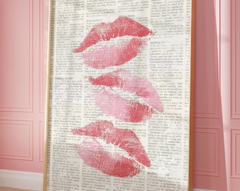 Kiss Lips Newspaper Print: Trendy Retro Dorm Room Decor Poster