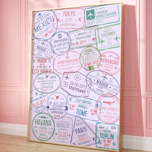 Pass Pass Briefmarken Druck, Welt Städte Reise Poster, Lila Retro trendige Wandkunst, Studentenzimmer Dekor, College Wohnung Ästhetik, Digitaldruck