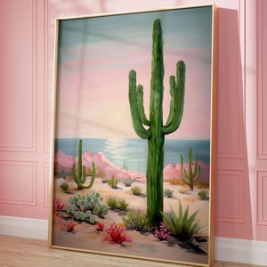 Wüste Kaktus Wand Kunst Druck, Wüste Western zum ausdrucken, Küsten Cowgirl Wüste Print, Pastell rosa Wohnung Dekor, digitaler Download Poster
