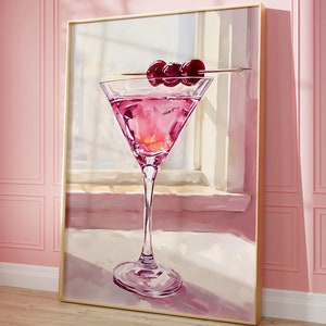 Cherry Martini Cocktail Poster, Martini Wandkunst, Pink Bar Cart Decor, Signature Cocktail, Pastell Pink Martini Print, Happy Hour Decor Print