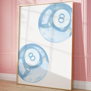 Blue Lucky 8 Ball Poster, Light Blue Trendy Wall Art, Girly Preppy Dorm Room Decor, Cute College Apartment Print, Y2K Aesthetic, Digital