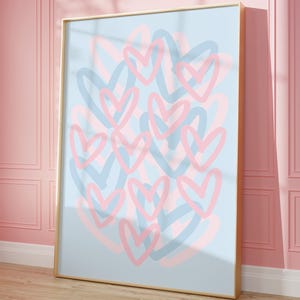 Blue Pink Preppy Hearts Print, Cute Trendy Wall Art, Girly Dorm Room Decor, Apartment Aesthetic, Abstract Hearts Printable Poster, Digital