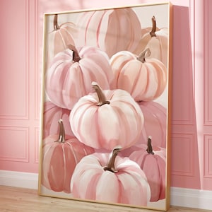 Rosa Kürbisse Wand Kunst, Pastell Herbst Malerei, trendiges Girly Halloween Poster, bunter Herbst druckbar, Thanksgiving-Dekor, digital