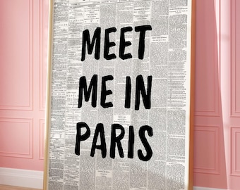 Tidningstryck av Meet Me In Paris: Trendig reseaffisch för Paris (utskrivbar digital nedladdning)