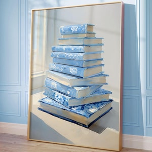 Book Lover Print, Pastel Book Stack Painting, Reading Nook Wall Art, Light Blue Book Wall Art, Bookworm Printable, Digital Download Print
