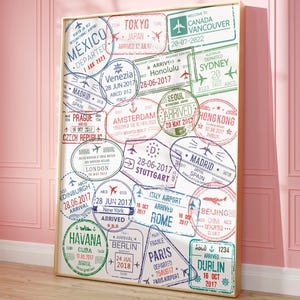 Impresión de sellos de pasaporte, póster de viajes por ciudades del mundo, arte mural retro colorido y moderno, decoración de dormitorios, estética de apartamentos universitarios, digital