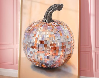 Discobal pompoen print, trendy halloween kunst aan de muur, girly herfst decor slaapzaal, studentenkamer afdrukbaar, maximalistische herfstkunst, digitaal
