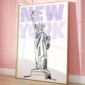 Póster de viaje de Nueva York, tipografía morada retro de moda imprimible, boceto de la Estatua de la Libertad, decoración de dormitorio femenino, digital