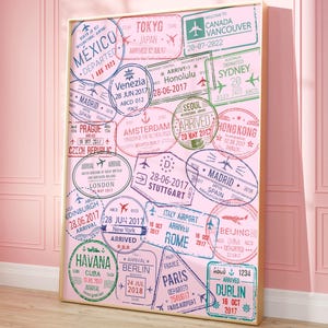 Pass Pass Briefmarken Drucken, Weltstädte Reiseplakat, Rosa Retro trendige Wandkunst, Wohnheim Zimmer Dekor, College Wohnung Ästhetik, Digitaldruck