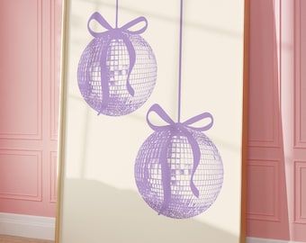 Purple Disco Balls Print, Trendy Wall Art, Preppy Purple Bows Aesthetic, Girly Retro Dorm Room Decor, College Apartment Poster, Digital