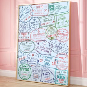 Pass Pass Briefmarken Drucken, Weltstädte Reiseplakat, Blaue Retro trendige Wandkunst, Wohnheim Zimmer Dekor, College Wohnung Ästhetik, Digitaldruck