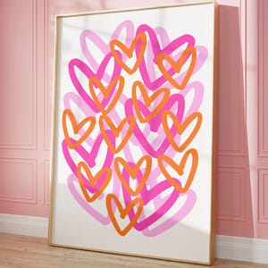 Pink Orange Preppy Hearts Print, Trendy Wall Art, Girly Dorm Room Decor, College Apartment Aesthetic, Abstract Hearts Poster, Digital Print
