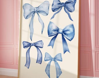 Blue Bows Print, Girly Coquette Dorm Room Decor, Trendy Wall Art, Blue Preppy Aesthetic, College Apartment Printable Poster, Digital Print
