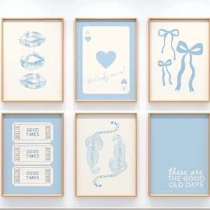 Light Blue Trendy Dorm Prints Set Of 6, Retro Preppy Girly Dorm Decor, College Apartment Aesthetic, Cheetah Print, Kiss Lips Poster, Digital