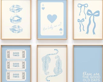 Light Blue Trendy Dorm Prints Set Of 6, Retro Preppy Girly Dorm Decor, College Apartment Aesthetic, Cheetah Print, Kiss Lips Poster, Digital
