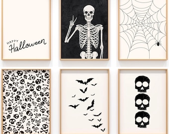 Halloween Prints Set of 6, Black White Halloween Decor, Minimalist Fall Wall Art Posters, Seasonal Printables, Trendy Wall Art, Digital