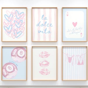 Pink Blue Preppy Dorm Room Prints Set of 6, Trendy Wall Art, Girly College Apartment Posters, La Dolce Vita Printable, Bikini Print, Digital