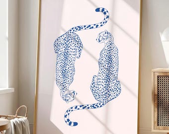 Estampado de guepardo: Decoración de pared moderna en azul marino y rosa claro (descarga digital)