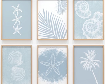 Set di 6 stampe di Blue Beach, poster da parete alla moda con tema costiero, decorazioni per case sulla spiaggia, stampe di case sulla spiaggia, download digitale
