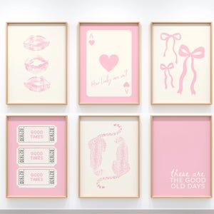 Lichtroze trendy slaapzaalprints set van 6, retro preppy girly slaapzaaldecor, college appartement esthetiek, cheetah print, kus lippen poster, digitaal