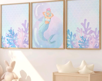 Mermaid Nursery Prints Set of 3, Girls Pastel Bedroom Decor, Colorful Kids Playroom Posters, Watercolor Mermaid Printables, Digital Download