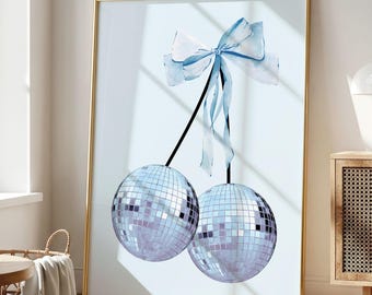 Disco Cherries Print: Blue Coquette Y2K Dorm Room Decor Poster (Digital Download)