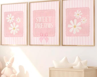 Set van 3 prints Sweet Dreams: roze coquette slaapkamerposters voor meisjes (directe digitale download)